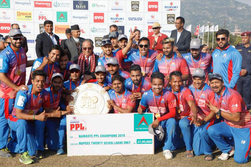 Pokhara Paltan players and officials pose for a portrait after winning the Namaste Pokhara Premier League T20 cricket tournament in Pokhara on Tuesday, November 06, 2018. Courtesy: Chhumbi Lama