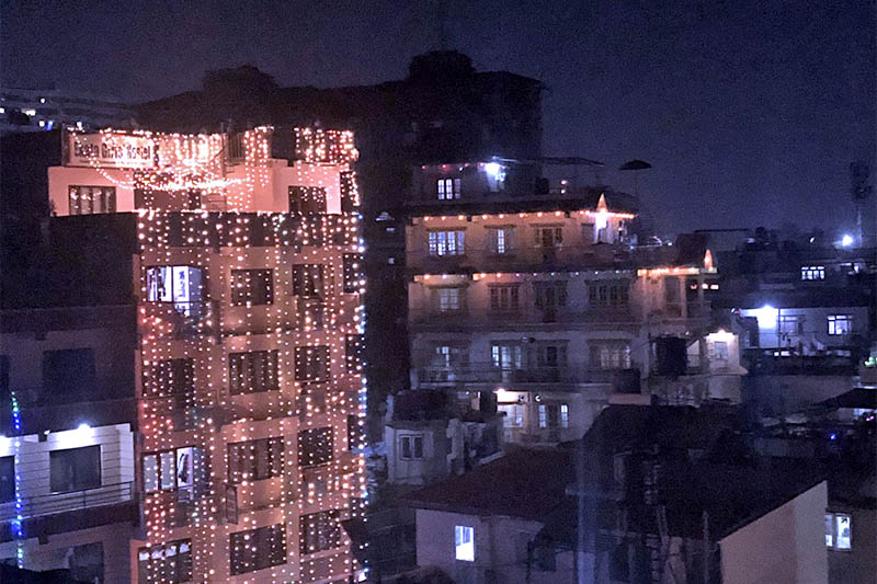 Houses are illuminated with electric decorative lights during Tihar festival in Anamnagar of Kathmandu, on Tuesday, November 06, 2018. Photo: Mausam Shah Nepali