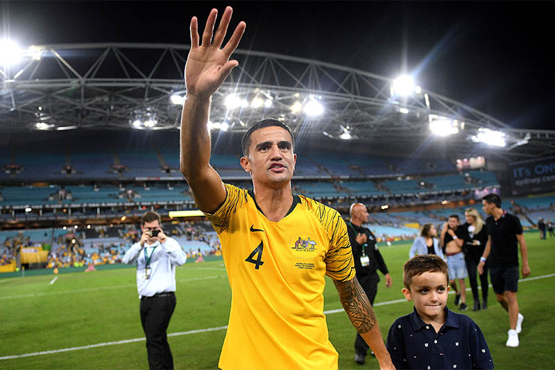 Retiring Australian Socceroos player Tim Cahill waves to supporters after playing in the International Friendly match between Australia and Lebanon at the Sydney Olympic Stadium in Sydney, Australia, November 20, 2018. Photo: Reuters