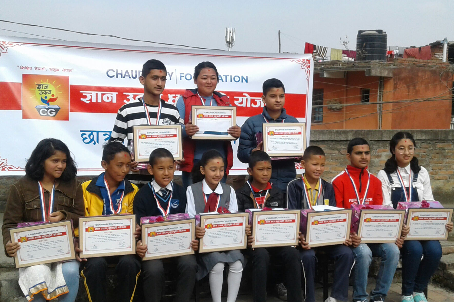 Students with their Gyan-Uday scholarship certificates awarded to them by CG Foods Nepal, at Lalitpur, on December 4, 2018. Photo: THT Online