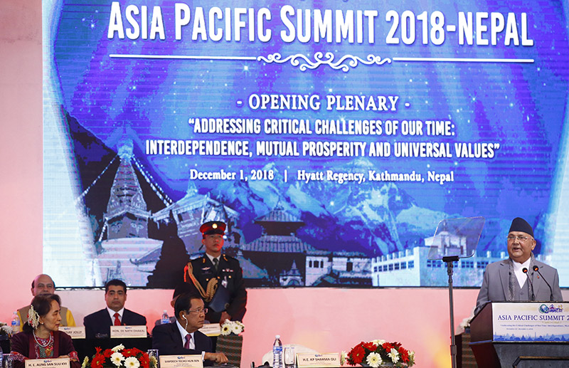 Prime Minister KP Sharma Oli delivers a speech during the Asia Pacific Summit-2018, at Hyatt Regency, in Kathmandu, on Saturday. Photo: Skanda Gautam/THT