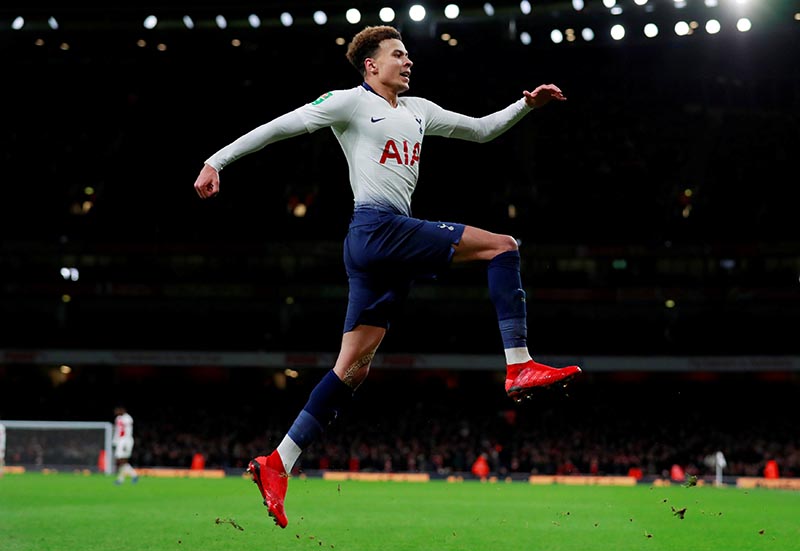 Tottenham's Dele Alli celebrates scoring their second goal during the Carabao Cup Quarter-Final match between Arsenal and Tottenham Hotspur, at Emirates Stadium, in London, Britain, on December 19, 2018. Photo: Action Images via Reuters