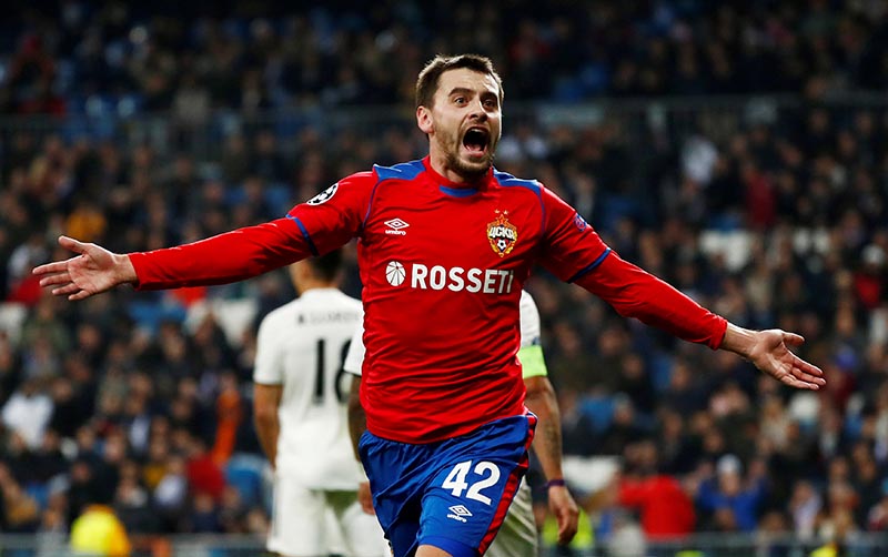 CSKA Moscow's Georgi Shchennikov celebrates scoring their second goal during the Champions League Group Stage match of Group G between Real Madrid and CSKA Moscow, at Santiago Bernabeu, in Madrid, Spain, on December 12, 2018. Photo: Reuters