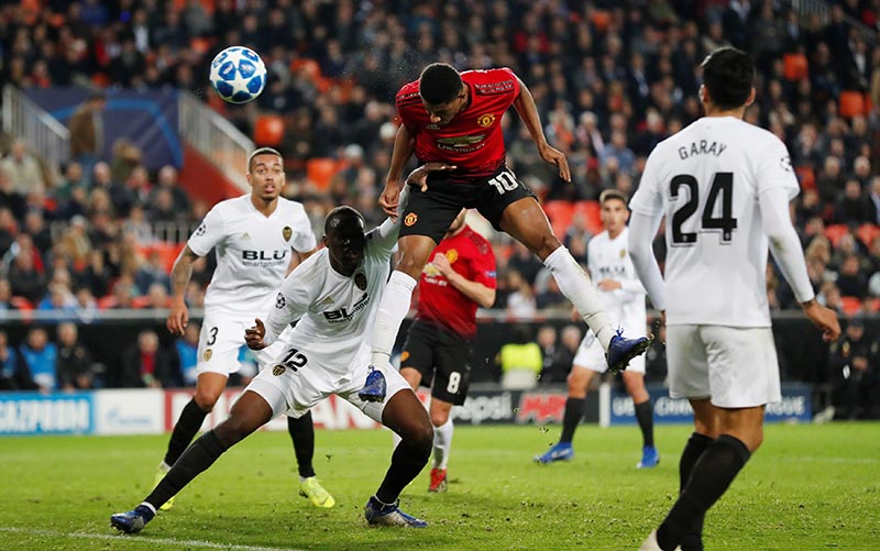 Manchester United's Marcus Rashford scores their first goal during the Champions League Group Stage match of Group H between Valencia and Manchester United, at Mestalla, in Valencia, Spain, on December 12, 2018. Photo: Action Images via Reuters