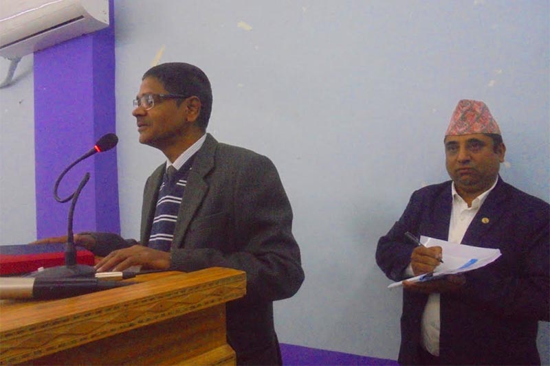 Chief Election Commissioner Ayodhi Prasad Yadav speaking at a two-day workshop on election-related dispute settlement procedures in Rajbiraj, Saptari, on Wednesday, December 5, 2018. Photo: THT