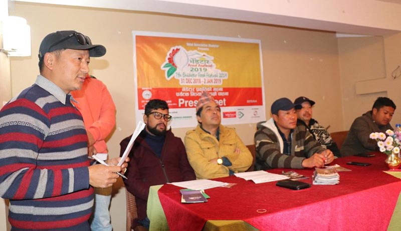 Hotel Association Bhedetar Chairman Jitendra Rumdali giving information about a food festival to be organised on  New Yearu2019s Day at a press meet in Dhankuta, on Wednesday, December 19, 2018. Photo: THT