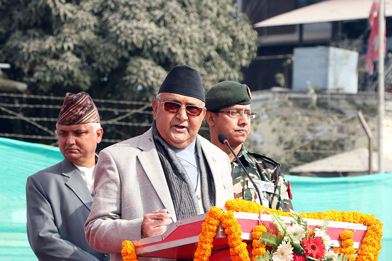 Prime Minister KP Sharma Oli addressing the foundation-stone laying ceremony for reconstruction of Dharahara, in Sundhara, Kathmandu, on Thursday, December 27, 2018. Photo: RSS
