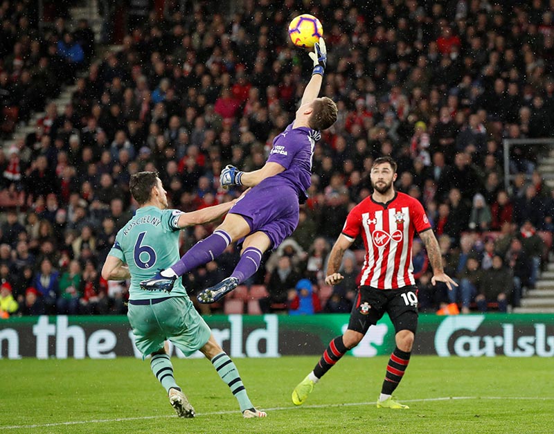 Arsenal's Bernd Leno in action before Southampton's Charlie Austin scores their third goal during the Premier League match between Southampton and Arsenal, at St Mary's Stadium, in Southampton, Britain, on December 16, 2018. Photo: Action Images via Reuters