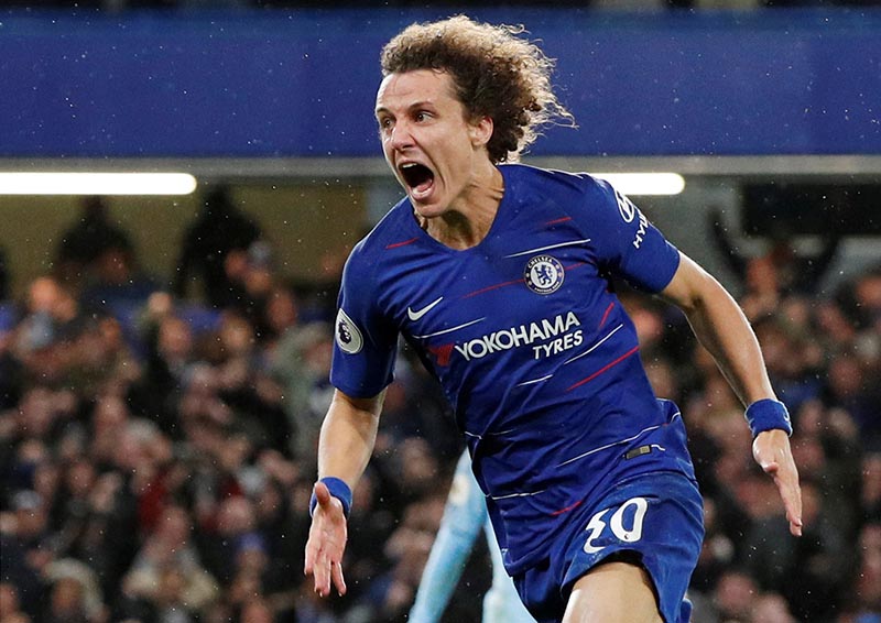 Chelsea's David Luiz celebrates scoring their second goal during the Premier League match between  Chelsea and Manchester City, at Stamford Bridge, in London, Britain, on December 8, 2018. Photo:   Action Images via Reuters