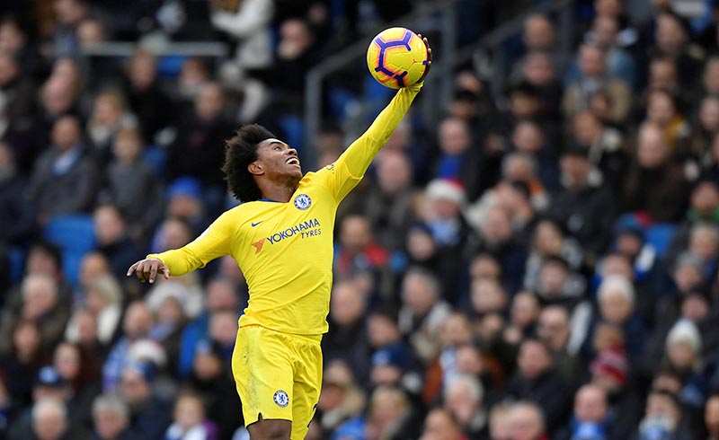 Chelsea's Willian during the match during the Premier League, match between Brighton &amp; Hove Albion and Chelsea, at The American Express Community Stadium, in Brighton, Britain, on December 16, 2018. Photo: Reuters