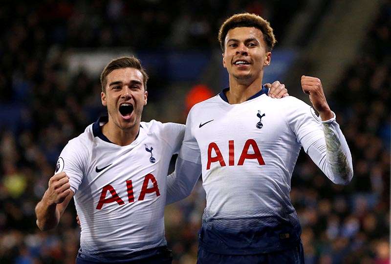 Tottenham's Dele Alli celebrates scoring their second goal with Harry Winks during the Premier League match between Leicester City and Tottenham Hotspur, at King Power Stadium, in Leicester, Britain, on December 8, 2018. Photo: Action Images via Reuters