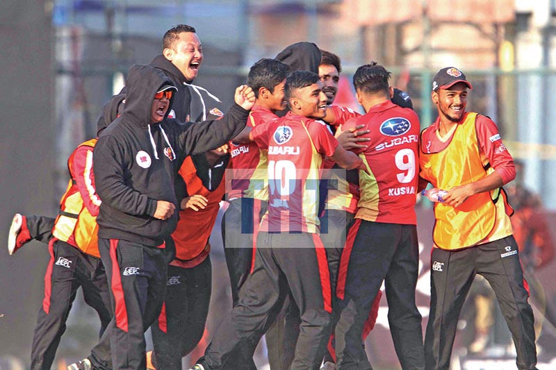 FILE: Players and officials of Lalitpur Patriots celebrate after beating Kathmandu Kings XI in the first Qualifier match of the TVS Everest Premier League in Kathmandu on Tuesday. Photo: Udipt Singh Chhetry/ THT