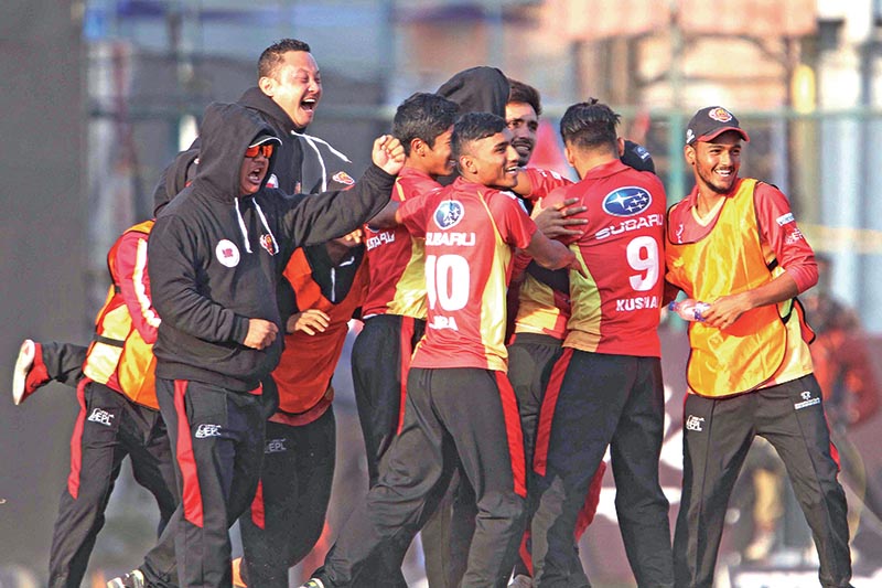 FILE PHOTO: Players and officials of Lalitpur Patriots celebrate after beating Kathmandu Kings XI in the first Qualifier match of the TVS Everest Premier League in Kathmandu on Tuesday. Photo: Udipt Singh Chhetry/ THT