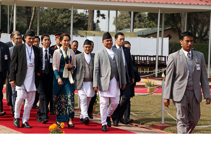 Deputy Prime Minister and Minister for Defense Ishwor Pokhrel seeing off Myanmar's State Counsellor Aung San Suu Kyi in Tribhuvan International Airport (TIA) on Sunday, December 02, 2018. Photo: RSS