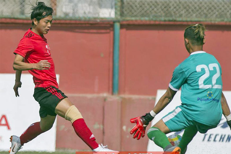 MC's striker tries beat FC's goalie during Pulsar Martyr's Memorial 'A' Division League in Kathmandu, on Sunday, December 02, 2018. Courtesy: ANFA/facebook