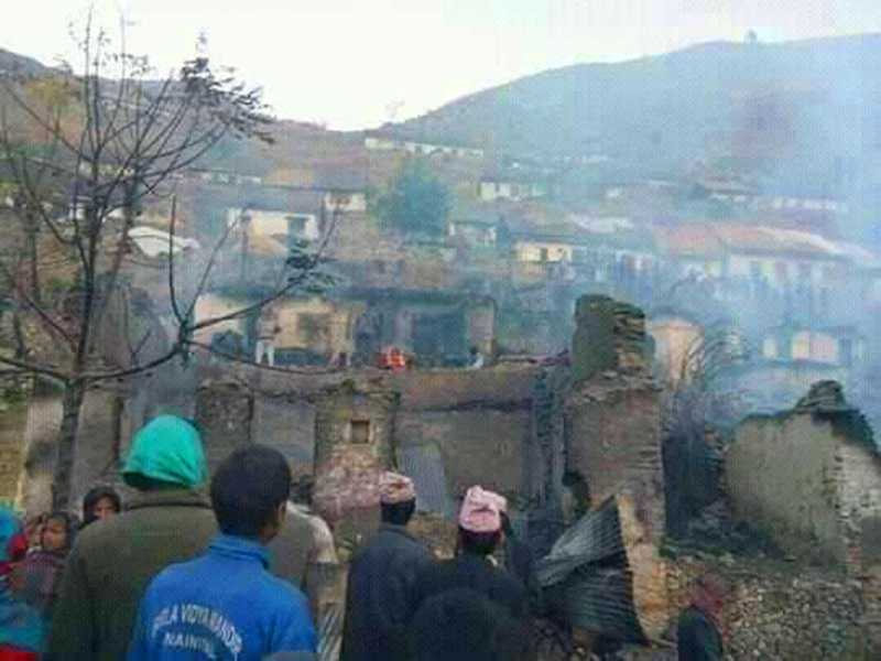 A view of the blaze that destroyed the Neupane settlements at Palanta Rural Municipality, in Kalikot, on Monday, December 24, 2018. Photo: THT