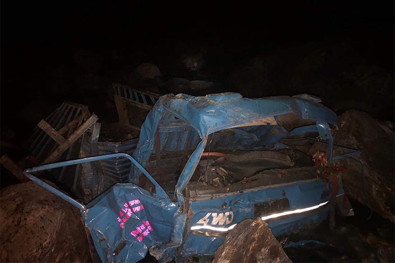 The wrecked mini-truck after falling 400 metres below the road at Ghyangphedi in Dupcheshwor Municipality of Nuwakot district on Friday, December 14, 2018. Photo: Keshav Adhikari/THT