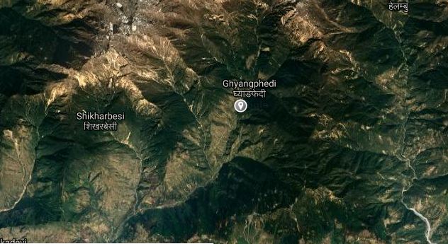 A satellite image of Ghyangfedi in remote outskirt of Nuwakot district where a mini-truck plunge is feared to have claimed many human casualties. Photo: Google Maps