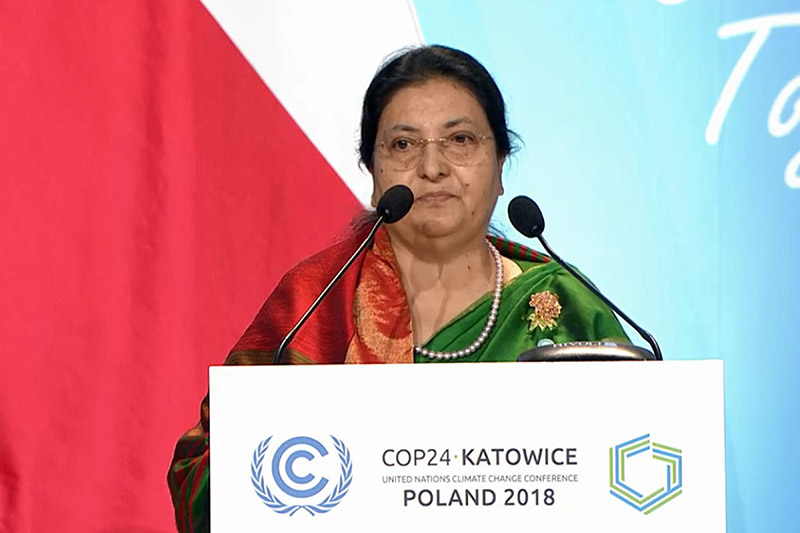 President Bidya Devi Bhandari addressing the 24th Conference of the Parties to the United Nations Framework Convention on Climate Change (COP24), in Katowice, Poland, on December 4, 2018. Photo: RSS