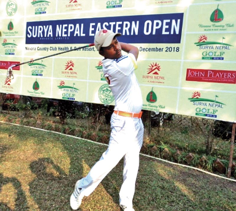 Rabi Khadka plays a shot during the first round of the Surya Nepal Eastern Open in Dharan on Wednesday. Photo: THT