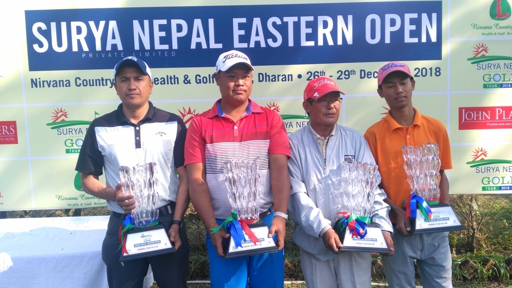 The Surya Nepal Eastern Open Pro-Am winning team members hold trophies at the Nirvana Country Club Health and Golf Resort in Dharan on Saturday, December 29, 2018. Photo: THT