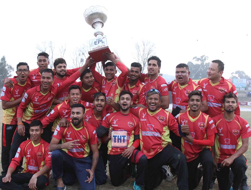Players and officials of Lalitpur Patriots take group photo with winner's trophy after prize distribution ceremony of TVS Everest Premier League at the TU Stadium in Kathmandu on Saturday. Photo: Udipt Singh Chhetry