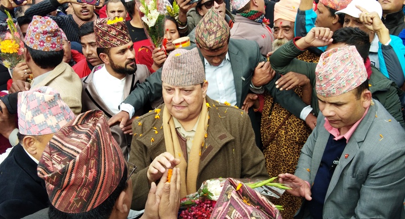 Former King Gyanendra Shah is welcomed by Hindu right wing loyalists and well wishers upon his arrival at Pokhara on Monday, December 17, 2018. Photo: THT