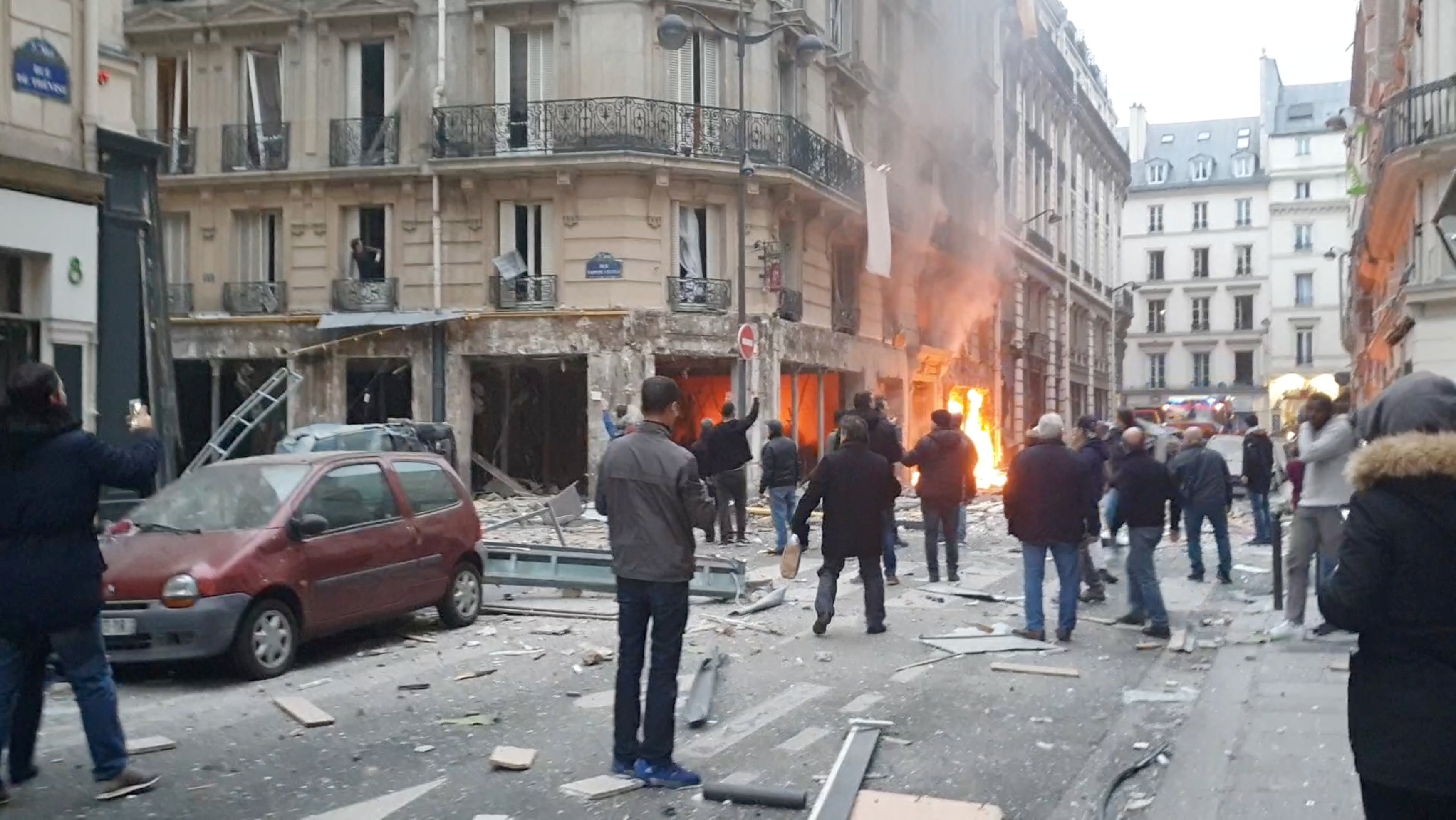 Fire burns at the site of an explosion at a bakery shop in Paris, France January 12, 2019, in this still image obtained from a social media video. REUTERS 