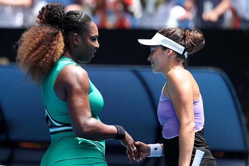 Serena Williams of the US shakes hands with Germanyu2019s Tatjana Maria after winning the Australian Open First Round match, at Melbourne Park, in Melbourne, Australia, on January 15, 2019. Photo: Reuters