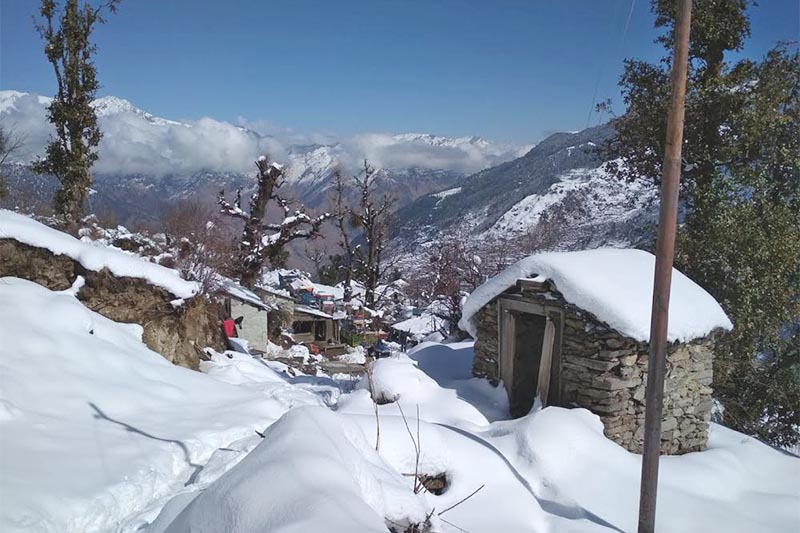A view of Pokhare Lekh after snow blanketed the area, in Bajura, on Sunday, January 27, 2019. Photo: THT