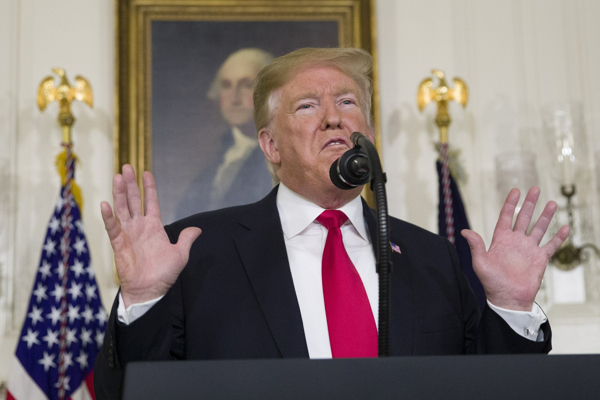 President Donald Trump speaks about the partial government shutdown, immigration and border security in the Diplomatic Reception Room of the White House, in Washington, on Saturday, Jan. 19, 2019. Photo: AP