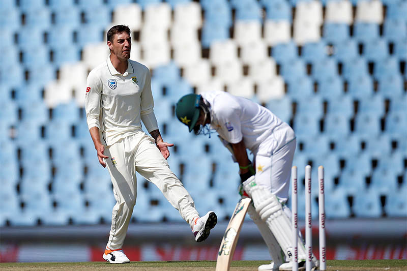 South Africa's Duanne Olivier celebrates bowling out Pakistan's Imam-ul-Haq. Photo: Reuters