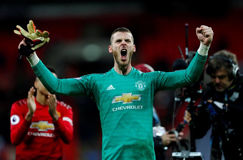 Manchester United's David de Gea celebrates at the end of the match during the Premier League match betwen Tottenham Hotspur and Manchester United, at Wembley Stadium, in London, Britain, on January 13, 2019. Photo: Reuters
