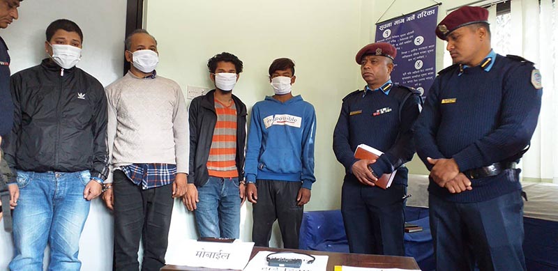 Police making public four persons arrested in connection with murder of journalist and lecturer Manohar Dhakal, at Makawanpur District Police Office, Hetauda, on Saturday, January 19, 2019. Photo: Prakash Dahal/THT
