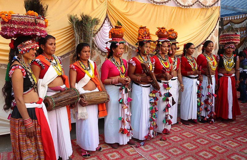 Women from Tharu community, in traditional attire participate in a greeting exchange programme organised by Province 5 government in Butwal, on Monday, January 14, 2019. Photo: RSS