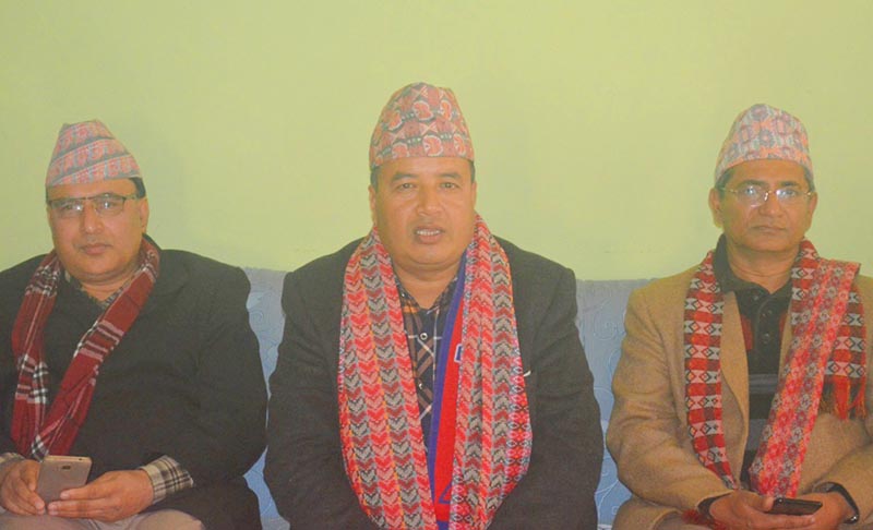 Nepal Communist Party (NCP) central member Mahesh Basnet (centre) speaking at a press meet in Dhadingbesi, Dhading, on Tuesday, January 15, 2019. Photo: THT