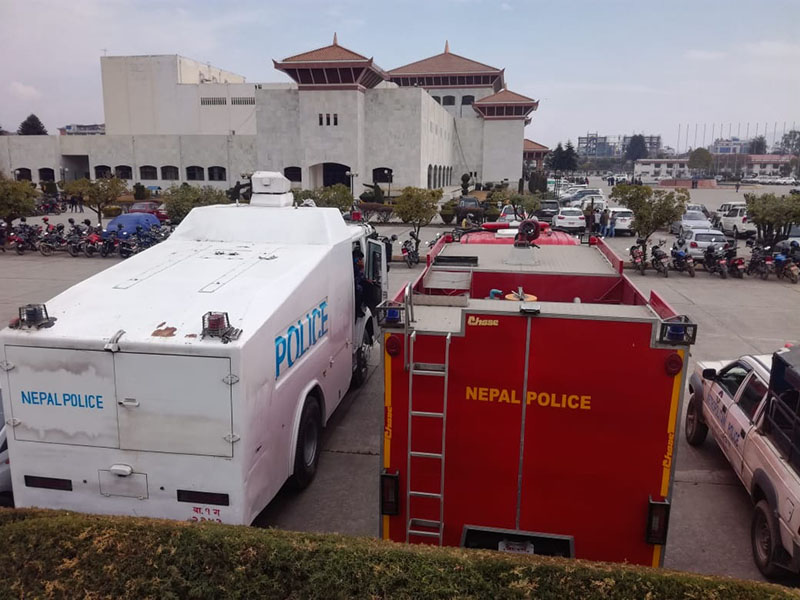 Riot police vehicles stationed at parliament premises amid the student protest in New Baneshwor, Kathmandu, on Friday, January 25, 2019. Photo: Rewati Sapkota/ THT