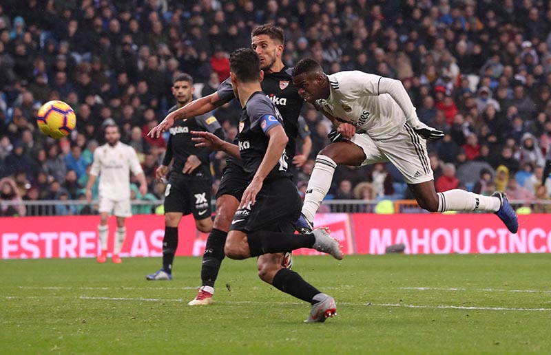 Real Madrid's Vinicius Junior heads at goal during the La Liga Santander, on Real Madrid and Sevilla, at Santiago Bernabeu, in Madrid, Spain, on January 19, 2019. Photo: Reuters