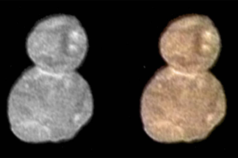 This image made available by NASA on Wednesday, Jan 2, 2019 shows images with separate color and detail information, and a composited image of both, showing Ultima Thule, about 1 billion miles beyond Pluto. CourtesyL AP