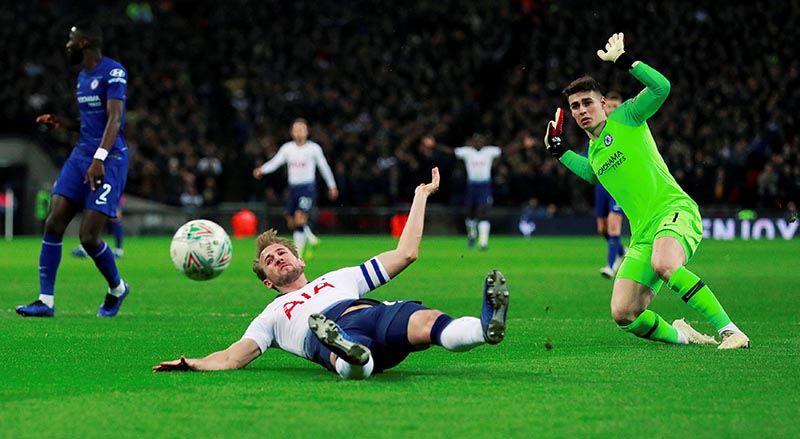 Tottenham's Harry Kane is fouled by Chelsea's Kepa Arrizabalaga resulting in a penalty during the Carabao Cup Semi Final First Leg match between Tottenham Hotspur and Chelsea, at Wembley Stadium, in London, Britain, on January 8, 2019. Photo: Action Images via Reuters