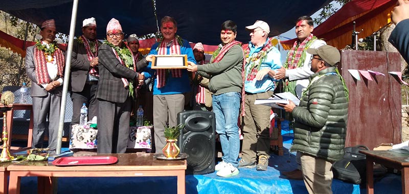 The road constructed under Rural Access Programme being handed over to Triveni Municipality Mayor Ram S Rawal during a programme, in Triveni Municipality, Bajura district, on Monday, February 18, 2019. Photo: Prakash Singh/THT