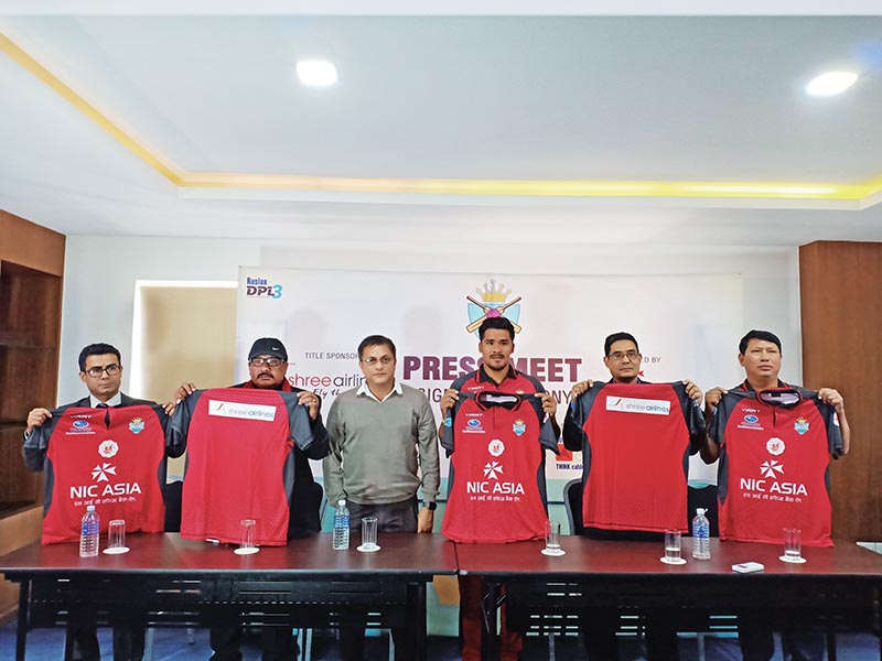Biratnagar Kings skipper Karan KC (third from right) and other officials unveiling team jersey during a programme in Kathmandu on Tuesday. Photo: THT