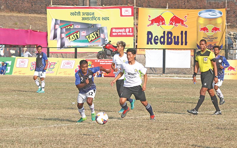 Players of Dalhousie Athletic Club of Kolkata and Dharan Football Club (right) in action during their 21st Budha Subba Red Bull Gold Cup match at the Dharan Stadium on Monday. Photo: THT