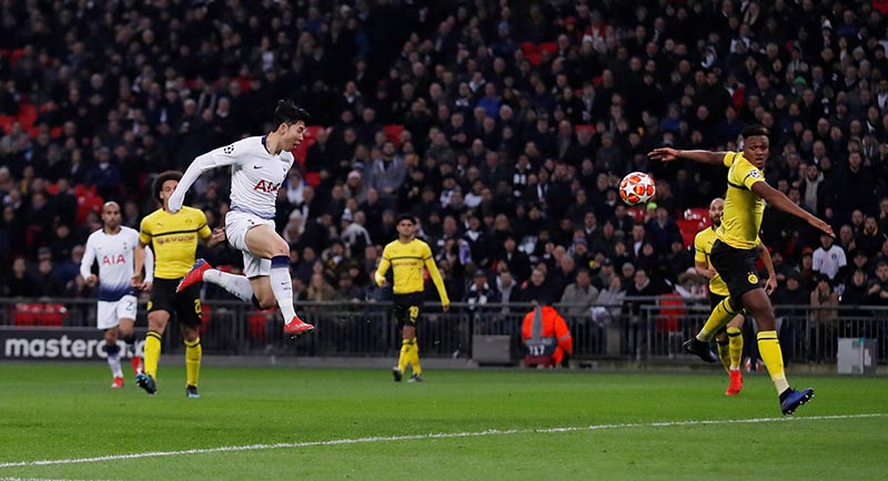 Tottenham's Son Heung-min scores their first goal during the Champions League Round of 16 First Leg match between Tottenham Hotspur and Borussia Dortmund, at Wembley Stadium, in London, Britain, on February 13, 2019. Photo: Action Images via Reuters