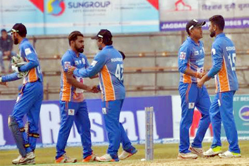 Players shake hands after a game during DPL3 in Dhangadhi today. Photo: Tekendra Deuba/THT