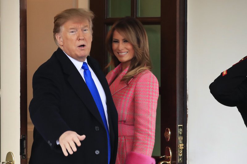 Donald Trump, Melania Trump, Ivan Duque, Maria Juliana Ruiz SandovalnPresident Donald Trump with first lady Melania Trump, responds to reporters questions as he bid farewell to visiting Colombian President Ivan Duque and his wife Maria Juliana Ruiz Sandoval, outside the West Wing of the White House in Washington, Wednesday, Feb. 13, 2019. Photo: AP