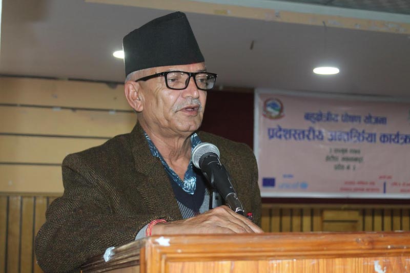Province 3 Chief Minister Dormani Poudel speaking at a programme, in Hetauda, Makawanpur, on Friday, February 15, 2019. Photo: THT
