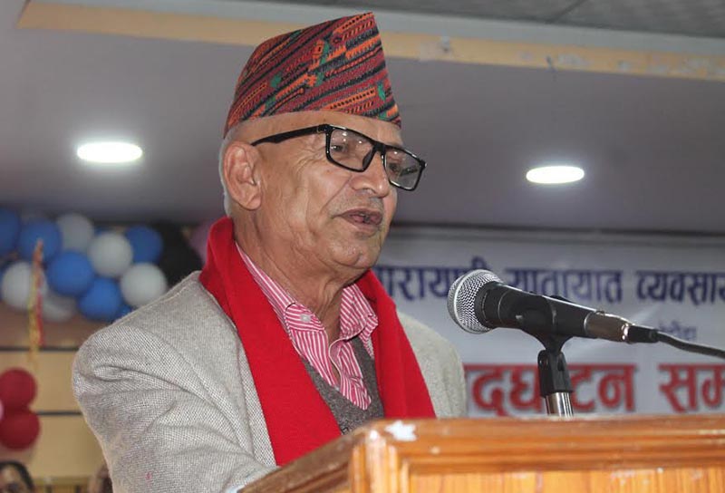 Province 3 Chief Minister Dormani Poudel speaking at a programme organised by Narayani Transport Entrepreneurs Company Pvt Ltd, in Hetauda, on Wednesday, February 6, 2019. Photo: THT