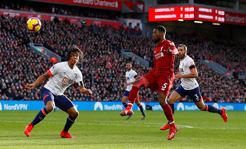 Liverpool's Georginio Wijnaldum scores their second goal during the Premier League match between Liverpool and AFC Bournemouth, at Anfield, in Liverpool, Britain, on February 9, 2019. Photo: Action Images via Reuters