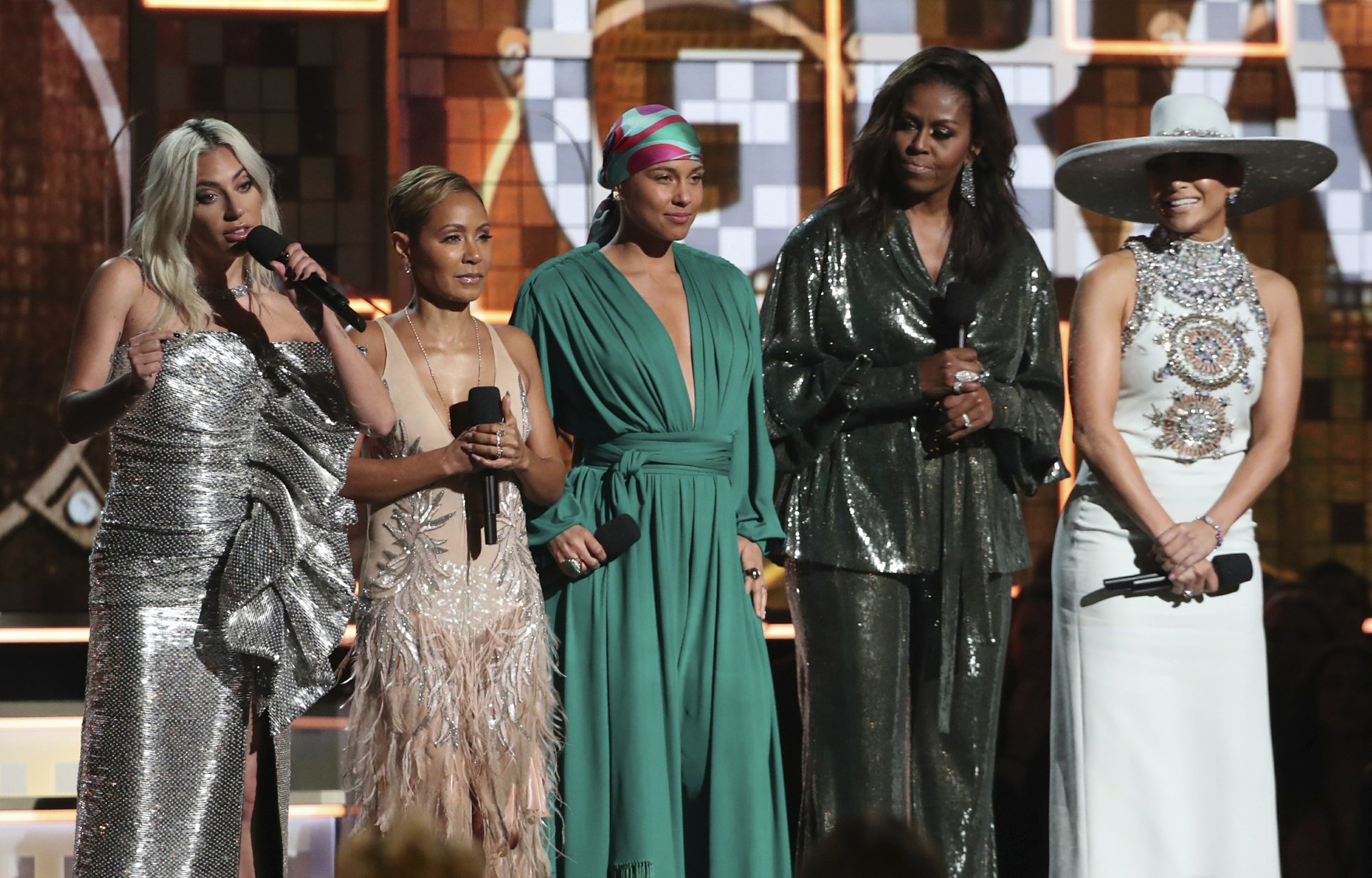 Lady Gaga, from left, Jada Pinkett Smith, Alicia Keys, Michelle Obama and Jennifer Lopez speak at the 61st annual Grammy Awards on Sunday, Feb. 10, 2019, in Los Angeles. Photo: AP